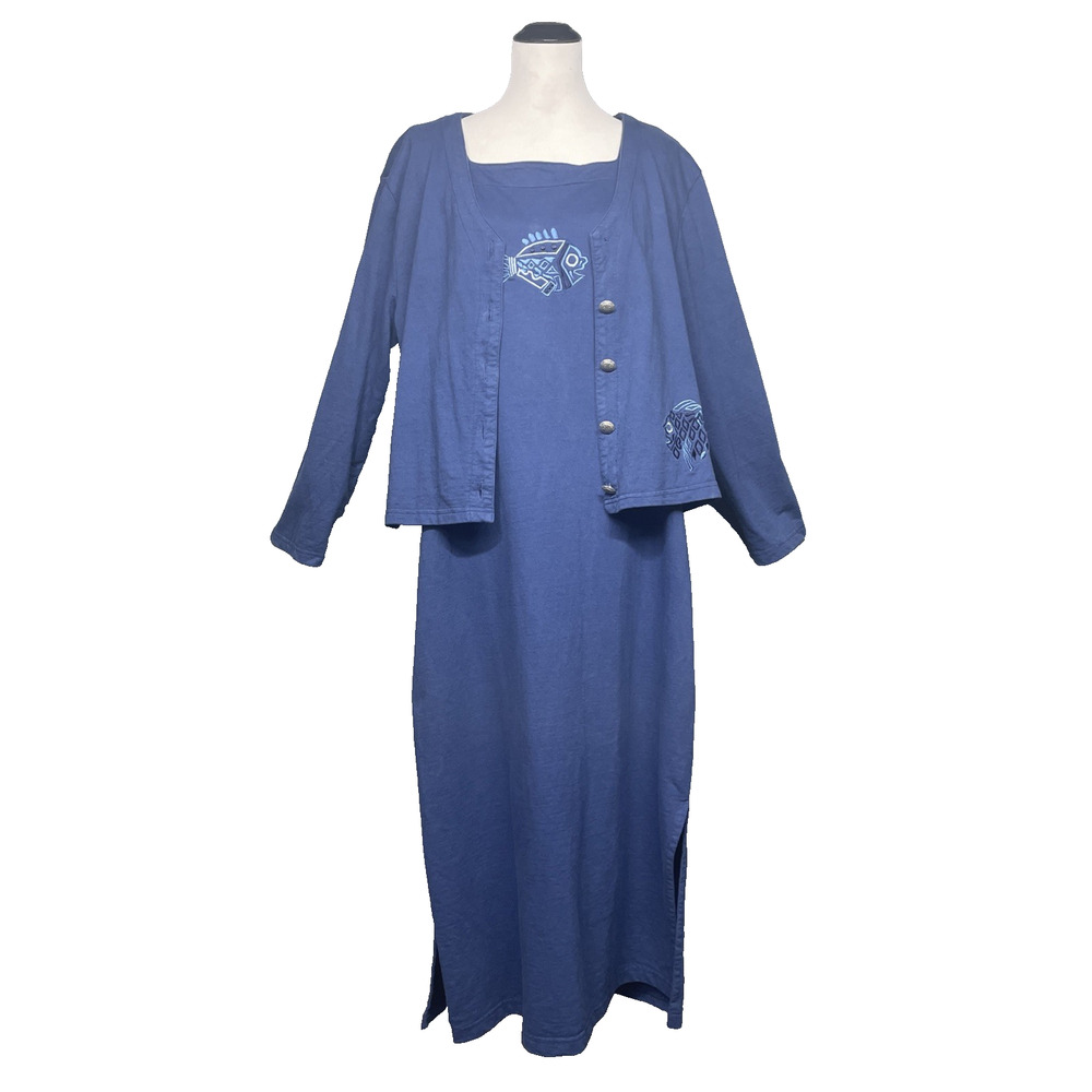 Vintage 90s Crystal Blue Cotton Dress & Cardigan Set Fish Embroidered Women’s XL